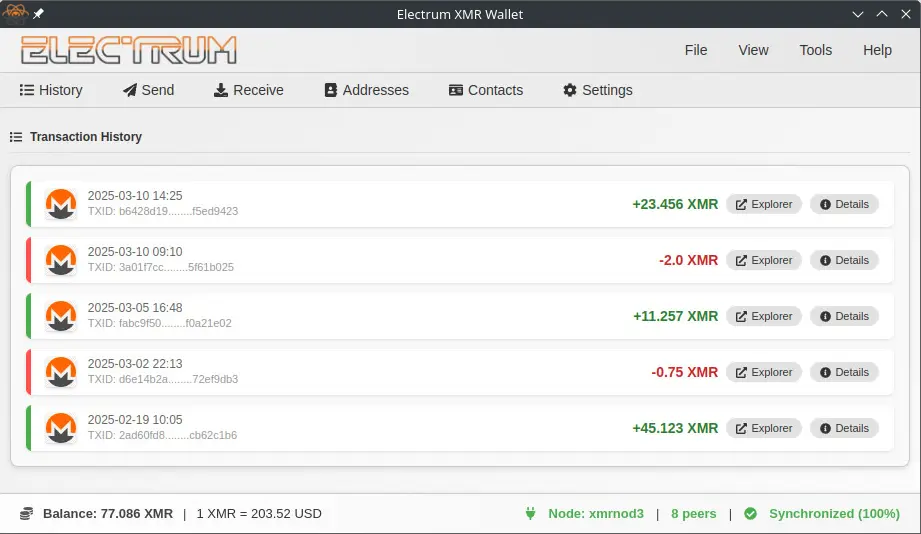 Electrum XMR wallet interface showing balance and transaction history on desktop and mobile